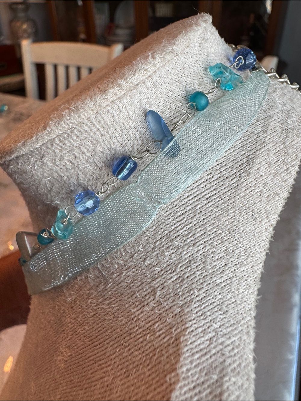 Aqua Blue Glass Floral Pendant Necklace with Beaded Ribbon - Picture 5 of 5